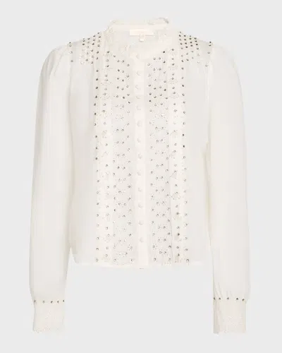 Loveshackfancy Mildrene Embellished Ruffle-neck Blouse In White