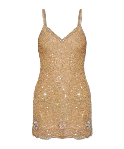 Loveshackfancy Mini Sequin-embellished Floral-patch Dress In Gold