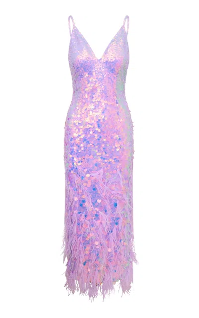Loveshackfancy Miriana Feather-trimmed Sequined Midi Dress In Purple