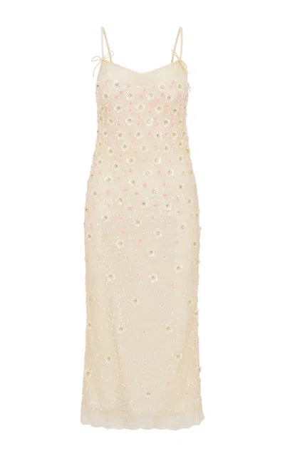 Loveshackfancy Mirrian Embellished Lace Midi Dress In Off-white
