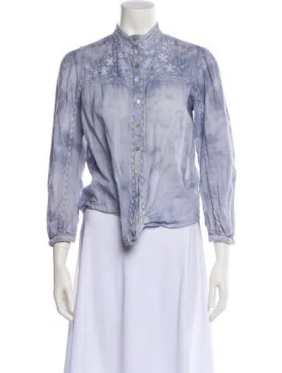 Pre-owned Loveshackfancy Mock Neck Three-quarter Sleeve Button-up Top In Blue