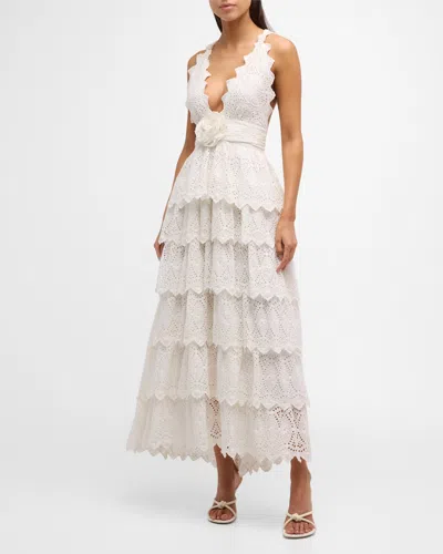 Loveshackfancy Nevis Embroidered Cutwork Sleeveless Plunge Fit & Flare Midi Dress In Off White