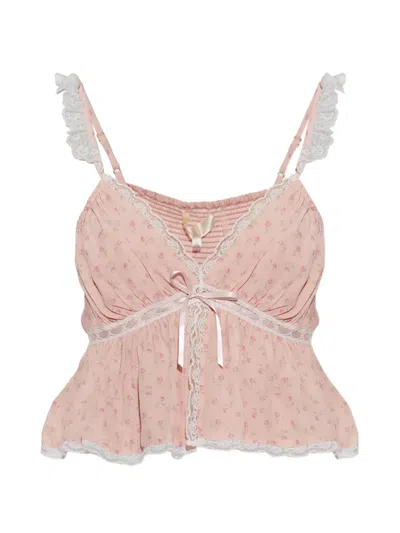 Loveshackfancy Nicoleta Floral-print Lace-trimmed Top In Pink