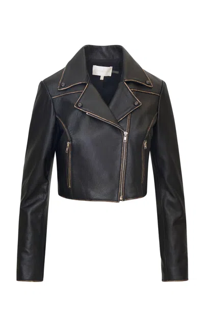 Loveshackfancy Nyssara Shearling-trimmed Leather Moto Jacket In Black