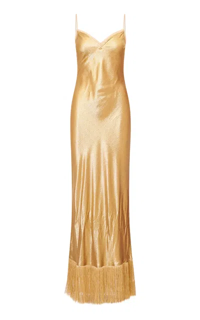 Loveshackfancy Odezza Metallic Fringe Maxi Dress In Gold