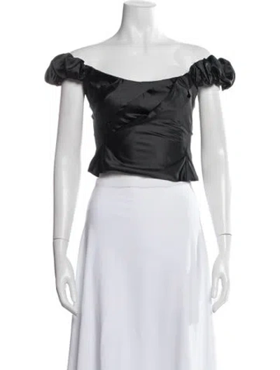 Pre-owned Loveshackfancy Off-the-shoulder Short Sleeve Crop Top W/ Tags In Black
