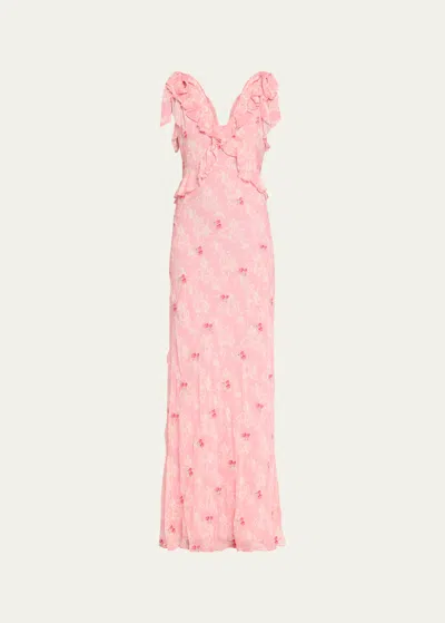 Loveshackfancy Orcene Ruffled Tie-shoulder Chiffon Maxi Dress In Cherry Pink