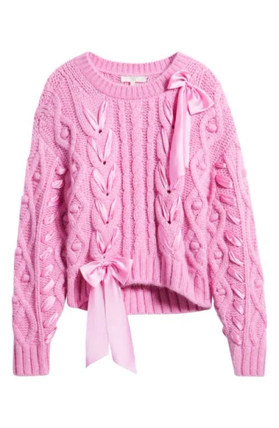 Loveshackfancy Parson Ribbon Detail Alpaca Blend Cable Sweater In Rose Pompadour