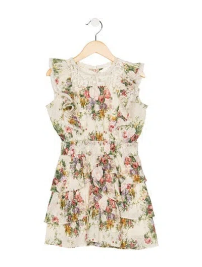 Pre-owned Loveshackfancy Kids' Pattern Print Short Sleeve Dress In Green/neutrals