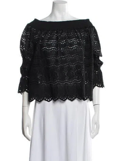 Pre-owned Loveshackfancy Patterned Off-the-shoulder Crop Top In Black