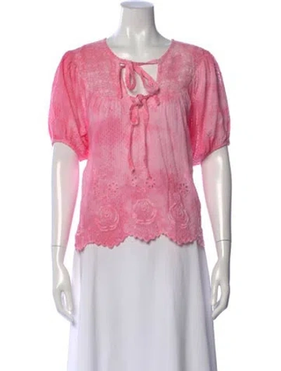 Pre-owned Loveshackfancy Patterned Tie Neck Blouse In Pink