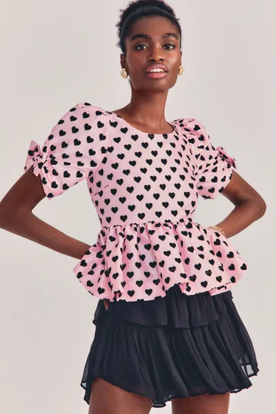 Loveshackfancy Peplum Top In Heart Print In Pink