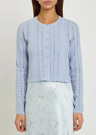 Loveshackfancy Peridot Cropped Pointelle-knit Cardigan In Blue