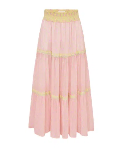 Loveshackfancy Phia Floral-print Tiered Cotton Maxi Skirt In Pink