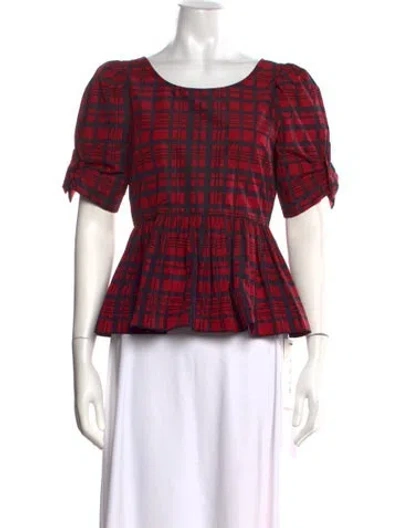 Pre-owned Loveshackfancy Plaid Print Crew Neck Top In Red