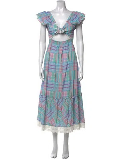 Pre-owned Loveshackfancy Plaid Print Long Dress In Blue