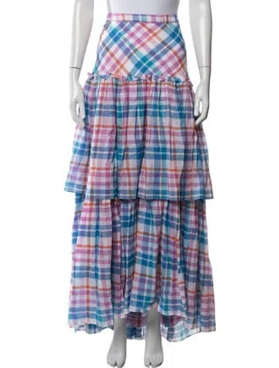 Pre-owned Loveshackfancy Plaid Print Long Skirt In Blue