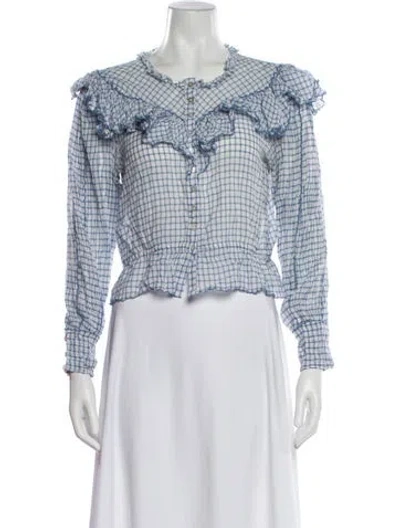 Pre-owned Loveshackfancy Plaid Print Long Sleeve Blouse In Blue