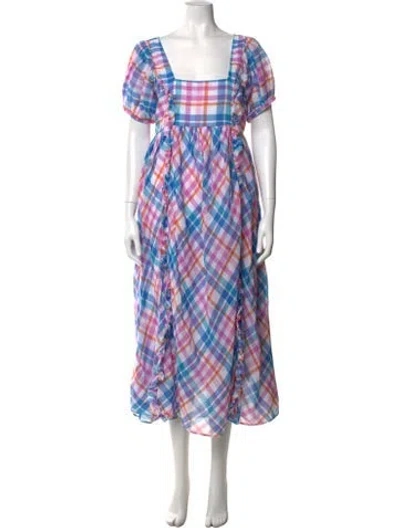 Pre-owned Loveshackfancy Plaid Print Midi Length Dress In Blue/purple