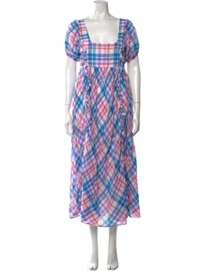 Pre-owned Loveshackfancy Plaid Print Midi Length Dress In Blue/purple