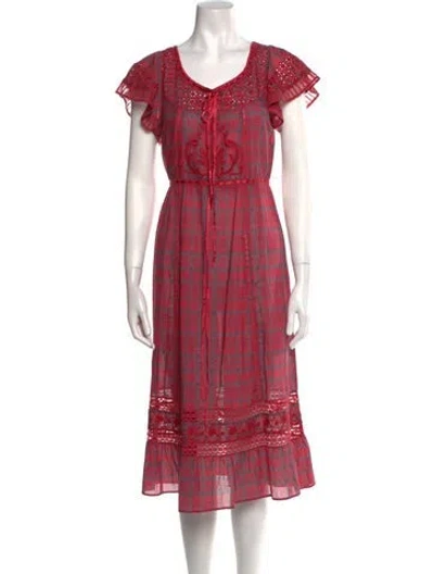 Pre-owned Loveshackfancy Plaid Print Midi Length Dress In Red