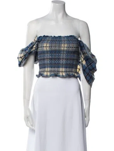 Pre-owned Loveshackfancy Plaid Print Off-the-shoulder Crop Top