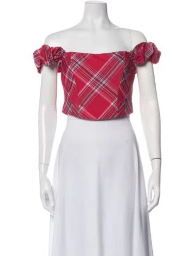 Pre-owned Loveshackfancy Plaid Print Off-the-shoulder Crop Top W/ Tags In Pink