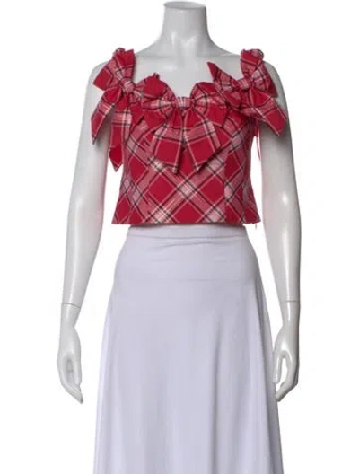 Pre-owned Loveshackfancy Plaid Print Off-the-shoulder Crop Top W/ Tags In Red