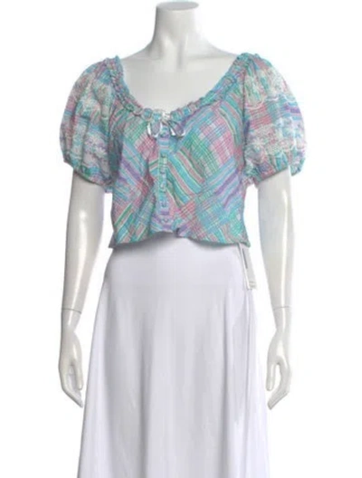 Pre-owned Loveshackfancy Plaid Print Scoop Neck Crop Top W/ Tags In Blue