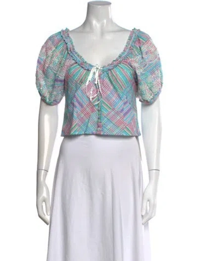 Pre-owned Loveshackfancy Plaid Print Square Neckline Crop Top In Blue