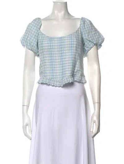 Pre-owned Loveshackfancy Plaid Print Square Neckline Crop Top In Blue