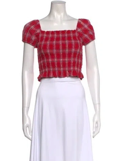Pre-owned Loveshackfancy Plaid Print Square Neckline Crop Top In Pink