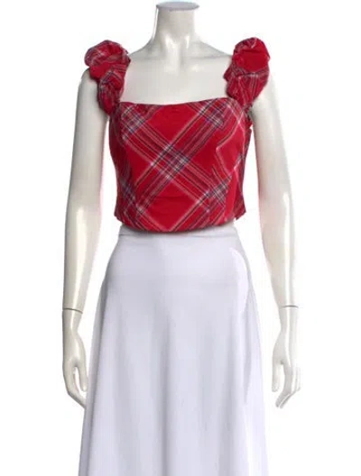 Pre-owned Loveshackfancy Plaid Print Square Neckline Crop Top In Red