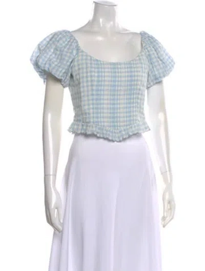 Pre-owned Loveshackfancy Plaid Print Square Neckline Crop Top In White