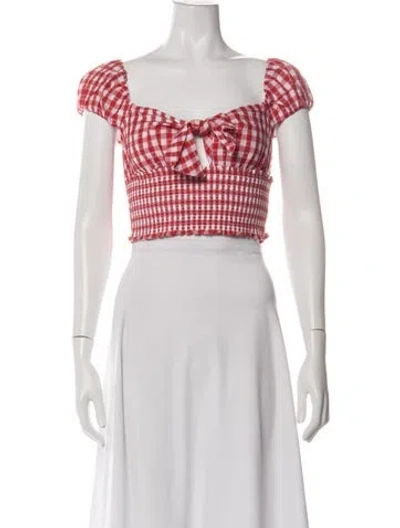 Pre-owned Loveshackfancy Plaid Print Square Neckline Crop Top In White