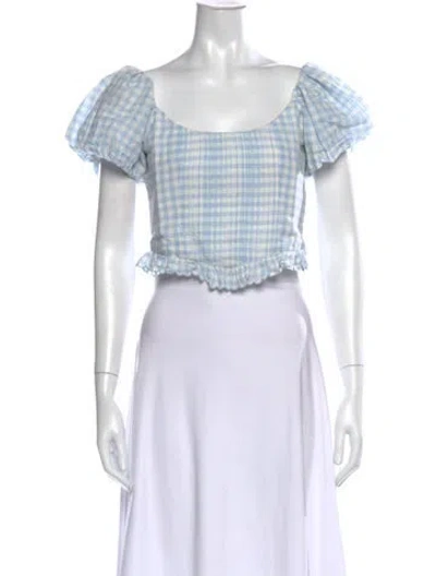 Pre-owned Loveshackfancy Plaid Print Square Neckline Crop Top In White