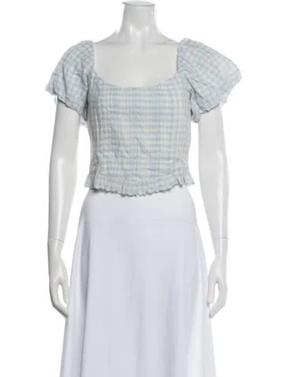 Pre-owned Loveshackfancy Plaid Print Square Neckline Top W/ Tags In Blue