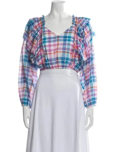 Pre-owned Loveshackfancy Plaid Print V-neck Blouse In White