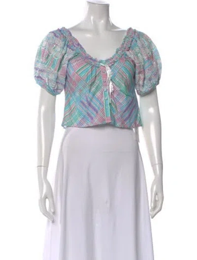 Pre-owned Loveshackfancy Plaid Print V-neck Crop Top In Blue
