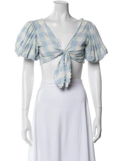 Pre-owned Loveshackfancy Plaid Print V-neck Crop Top In Blue