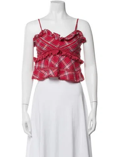 Pre-owned Loveshackfancy Plaid Print V-neck Crop Top In White