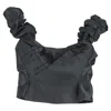 Loveshackfancy Pleated Scrunched Off-shoulder Crop Top In Black Polyester In Black