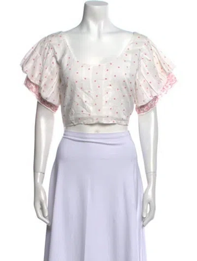 Pre-owned Loveshackfancy Polka Dot Print Scoop Neck Crop Top In White