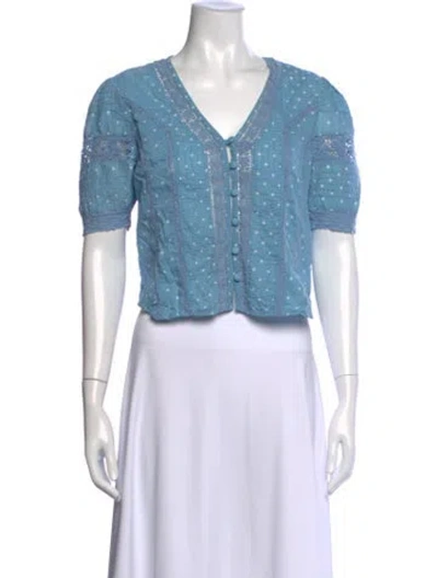 Pre-owned Loveshackfancy Polka Dot Print V-neck Blouse In Blue