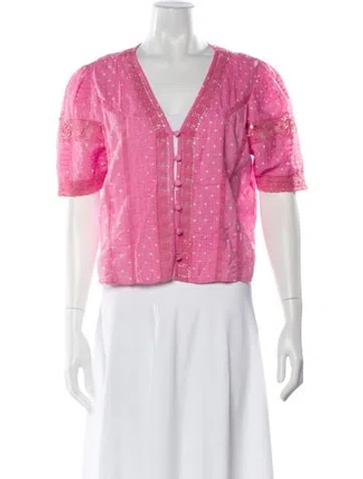 Pre-owned Loveshackfancy Polka Dot Print V-neck Crop Top In Pink