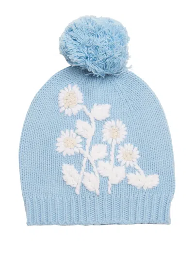 Loveshackfancy Pompom Floral-embroidered Beanie Hat In Blue