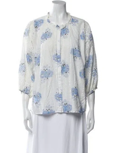 Pre-owned Loveshackfancy Printed Crew Neck Button-up Top In White