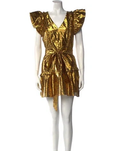 Pre-owned Loveshackfancy Printed Mini Dress In Gold