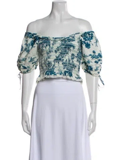 Pre-owned Loveshackfancy Printed Off-the-shoulder Crop Top In Neutral