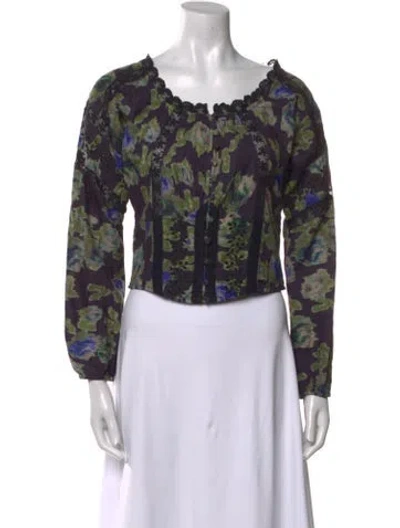 Pre-owned Loveshackfancy Printed Scoop Neck Crop Top In Green